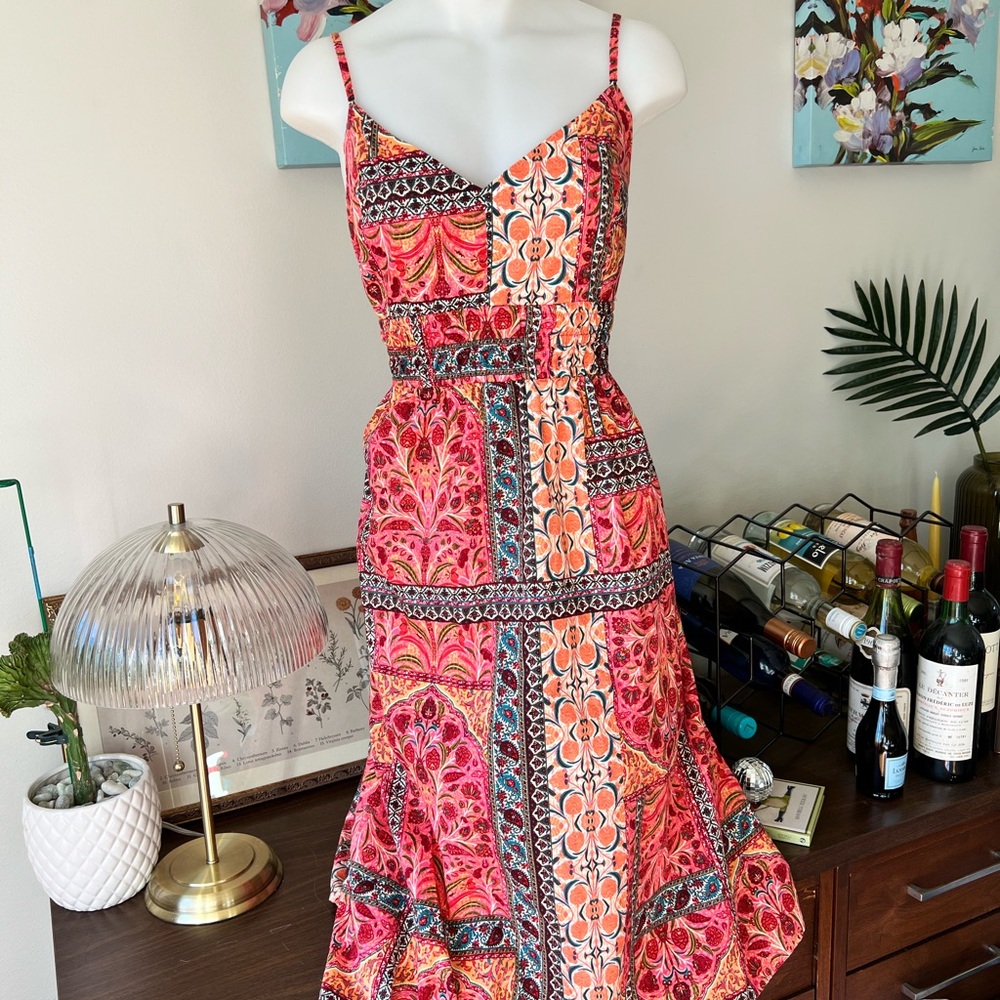Old Navy Pink and Orange Patterned Midi Dress